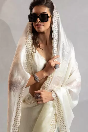 White color hand work zarkan with cutdana work border fendy silk blend two tone saree with blouse