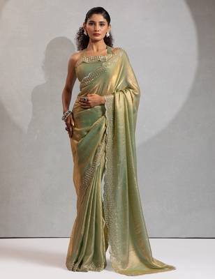 Pista color hand work zarkan with cutdana work border fendy silk blend two tone saree with blouse 1