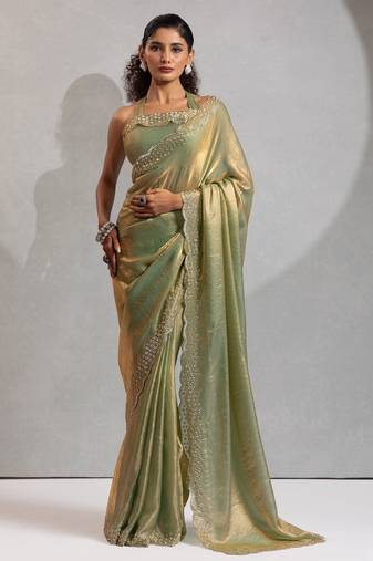Pista color hand work zarkan with cutdana work border fendy silk two tone saree with blouse