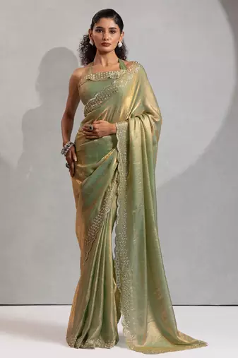 Pista color hand work zarkan with cutdana work border fendy silk two tone saree with blouse