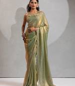 Pista color hand work zarkan with cutdana work border fendy silk two tone saree with blouse