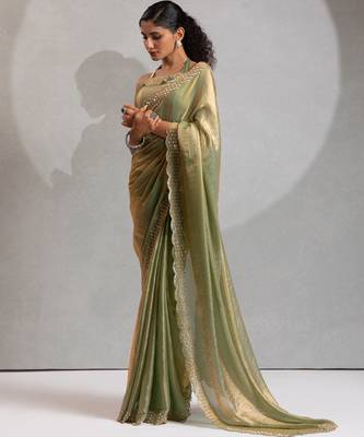 Pista color hand work zarkan with cutdana work border fendy silk blend two tone saree with blouse 2