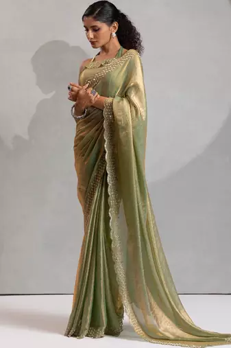 Pista color hand work zarkan with cutdana work border fendy silk blend two tone saree with blouse
