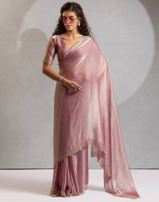 Pink color hand work zarkan with cutdana work border fendy silk blend two tone saree with blouse 1