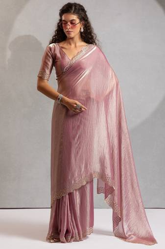 Pink color hand work zarkan with cutdana work border fendy silk two tone saree with blouse