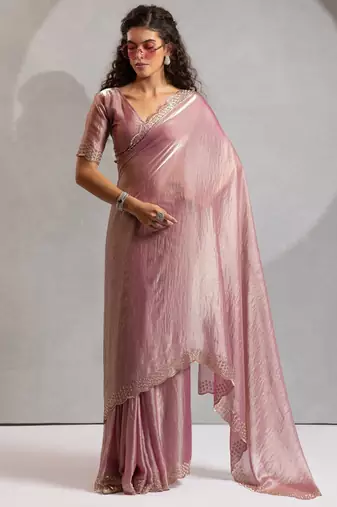 Pink color hand work zarkan with cutdana work border fendy silk two tone saree with blouse