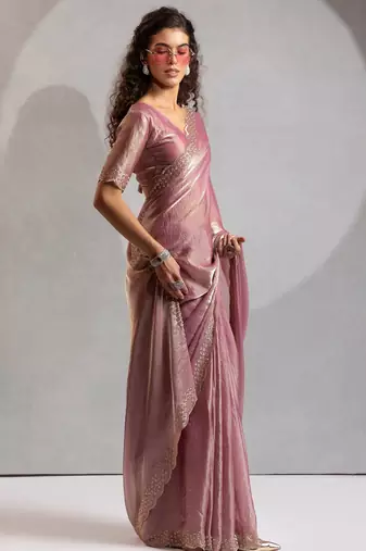 Pink color hand work zarkan with cutdana work border fendy silk blend two tone saree with blouse
