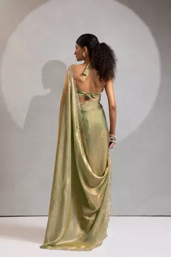 Pista color hand work zarkan with cutdana work border fendy silk blend two tone saree with blouse