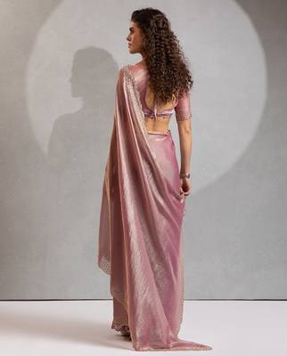 Pink color hand work zarkan with cutdana work border fendy silk blend two tone saree with blouse 3