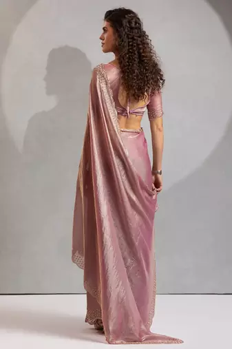 Pink color hand work zarkan with cutdana work border fendy silk blend two tone saree with blouse
