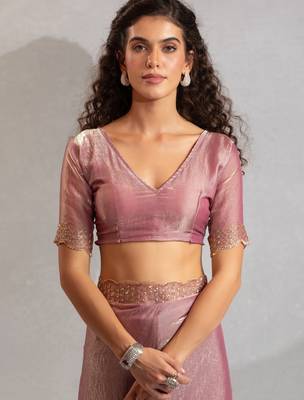 Pink color hand work zarkan with cutdana work border fendy silk blend two tone saree with blouse 4