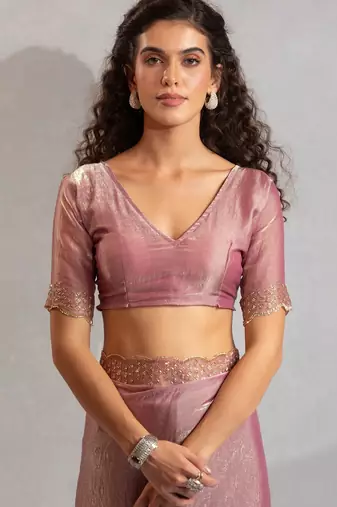 Pink color hand work zarkan with cutdana work border fendy silk blend two tone saree with blouse
