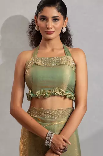 Pista color hand work zarkan with cutdana work border fendy silk blend two tone saree with blouse