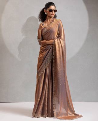 Grey color hand work zarkan with cutdana work border fendy silk blend two tone saree with blouse 1