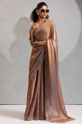 Grey color hand work zarkan with cutdana work border fendy silk two tone saree with blouse