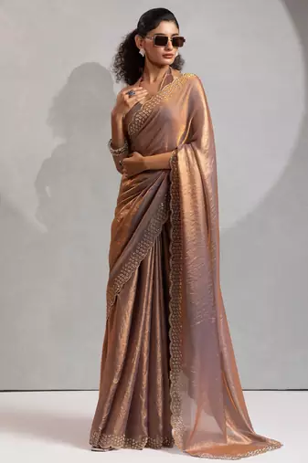 Grey color hand work zarkan with cutdana work border fendy silk two tone saree with blouse