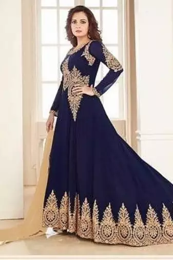 Navy Blue  Georgette Embroidered Wedding Wear Designer Anarkali Semi-Stiched Suit
