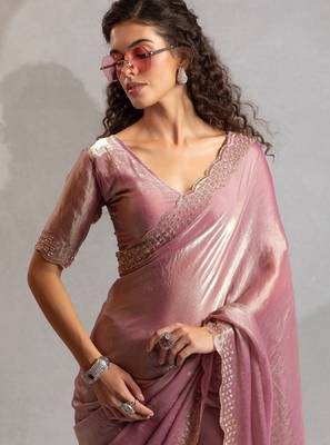 Pink color hand work zarkan with cutdana work border fendy silk blend two tone saree with blouse 5