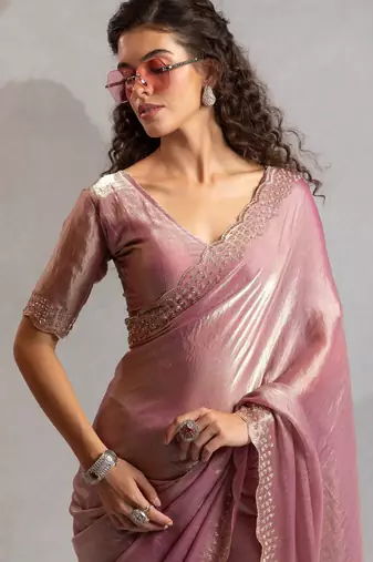 Pink color hand work zarkan with cutdana work border fendy silk blend two tone saree with blouse