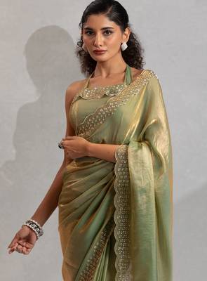 Pista color hand work zarkan with cutdana work border fendy silk blend two tone saree with blouse 5