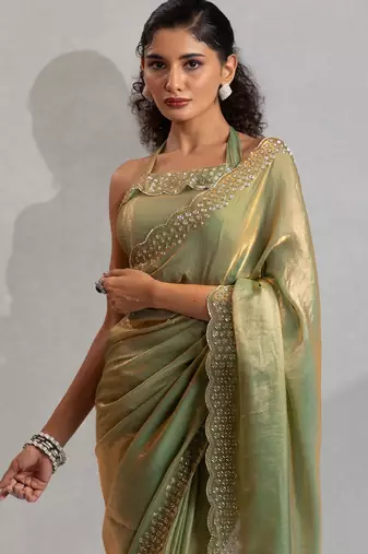 Pista color hand work zarkan with cutdana work border fendy silk blend two tone saree with blouse