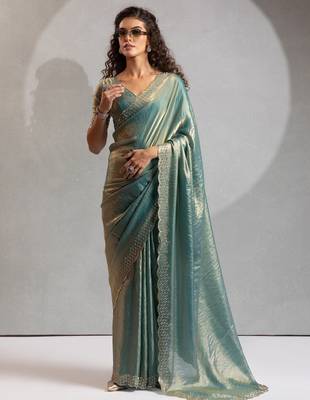 Ice blue color hand work zarkan with cutdana work border fendy silk blend two tone saree with blouse 1