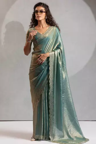 Ice blue color hand work zarkan with cutdana work border fendy silk two tone saree with blouse