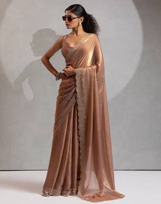 Gold color hand work zarkan with cutdana work border fendy silk blend two tone saree with blouse 1