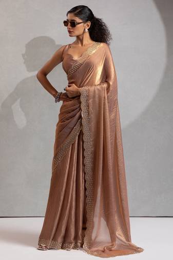 Gold color hand work zarkan with cutdana work border fendy silk two tone saree with blouse