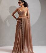 Gold color hand work zarkan with cutdana work border fendy silk two tone saree with blouse