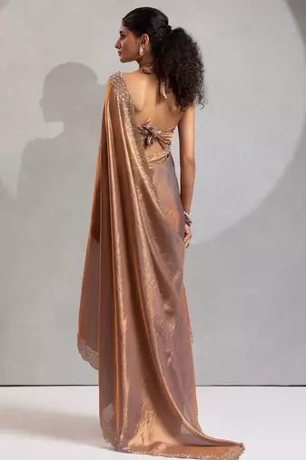 Grey color hand work zarkan with cutdana work border fendy silk blend two tone saree with blouse