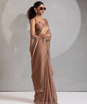 Gold color hand work zarkan with cutdana work border fendy silk blend two tone saree with blouse 2