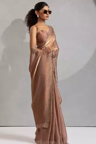 Gold color hand work zarkan with cutdana work border fendy silk blend two tone saree with blouse