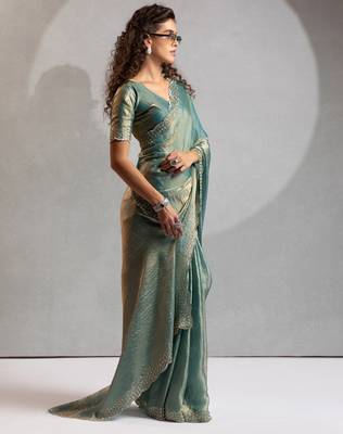 Ice blue color hand work zarkan with cutdana work border fendy silk blend two tone saree with blouse 2