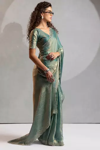 Ice blue color hand work zarkan with cutdana work border fendy silk blend two tone saree with blouse