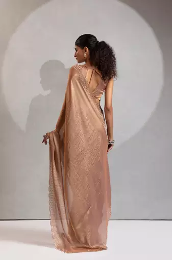 Gold color hand work zarkan with cutdana work border fendy silk blend two tone saree with blouse