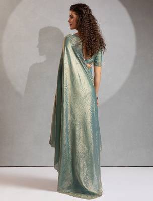 Ice blue color hand work zarkan with cutdana work border fendy silk blend two tone saree with blouse 3