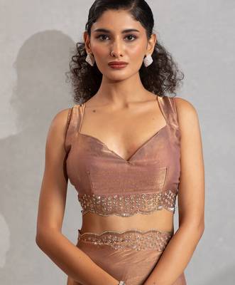 Gold color hand work zarkan with cutdana work border fendy silk blend two tone saree with blouse 4