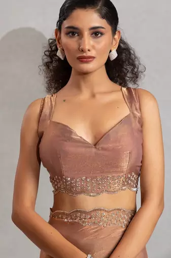 Gold color hand work zarkan with cutdana work border fendy silk blend two tone saree with blouse