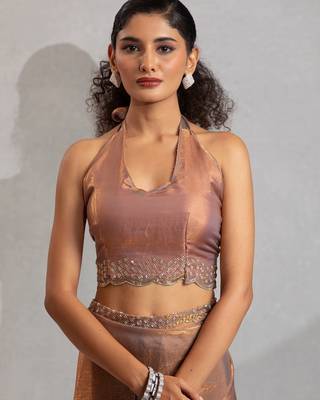 Grey color hand work zarkan with cutdana work border fendy silk blend two tone saree with blouse 4