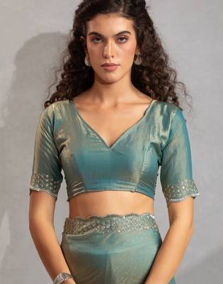 Ice blue color hand work zarkan with cutdana work border fendy silk blend two tone saree with blouse 4