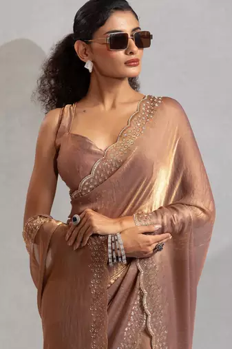 Gold color hand work zarkan with cutdana work border fendy silk blend two tone saree with blouse