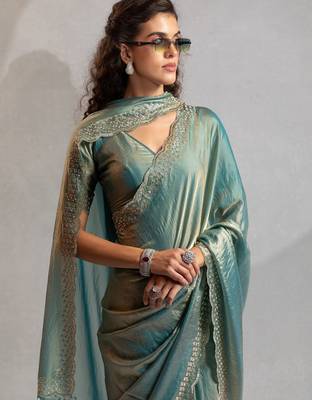 Ice blue color hand work zarkan with cutdana work border fendy silk blend two tone saree with blouse 5