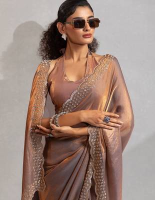Grey color hand work zarkan with cutdana work border fendy silk blend two tone saree with blouse 5
