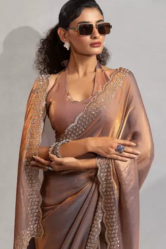 Grey color hand work zarkan with cutdana work border fendy silk blend two tone saree with blouse