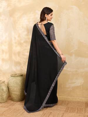 Chiffon Sequin Embroidery Work Saree with Unstitched Blouse Piece 2