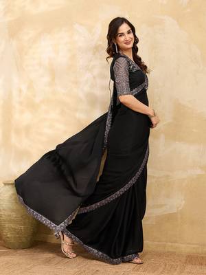 Chiffon Sequin Embroidery Work Saree with Unstitched Blouse Piece 3