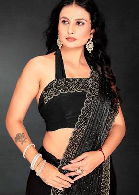 Black color fendy silk two tone zarkan & cutdana work border fendy silk two tone saree with blouse 4