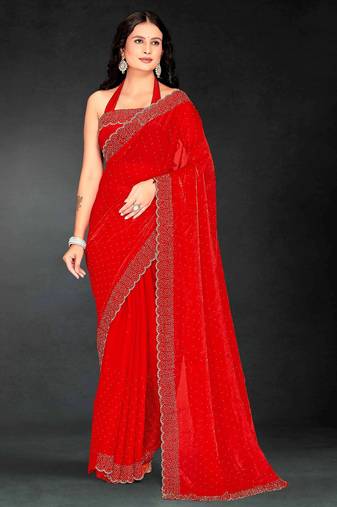 Red color fendy silk two tone zarkan & cutdana work border fendy silk two tone saree with blouse