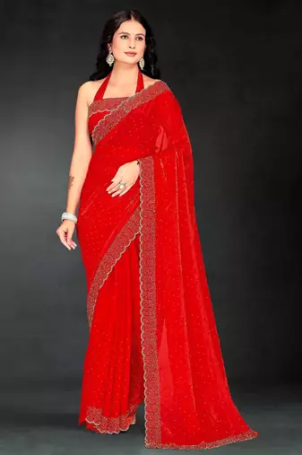Red color fendy silk two tone zarkan & cutdana work border fendy silk two tone saree with blouse